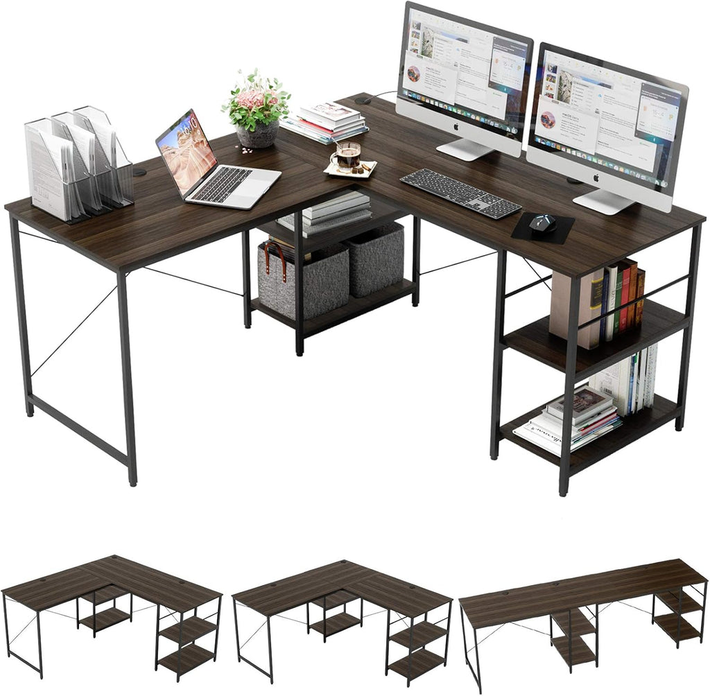 L Shaped Gaming Desk with Shelves 95.2 Inch Reversible Corner Computer Desk C276