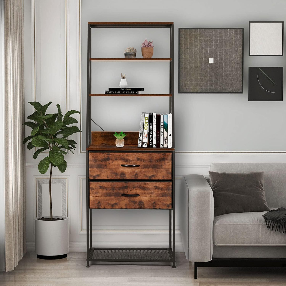 4-Tier Bookshelf with 2 Drawers Wood Metal Frame X109554