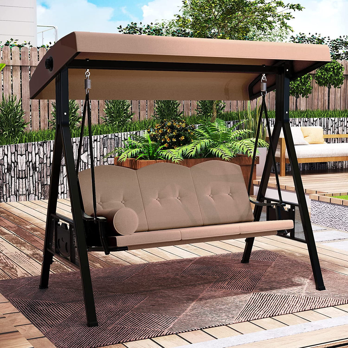 3 Person Outdoor Patio Swing Chair with Adjustable Canopy and Cushion R175