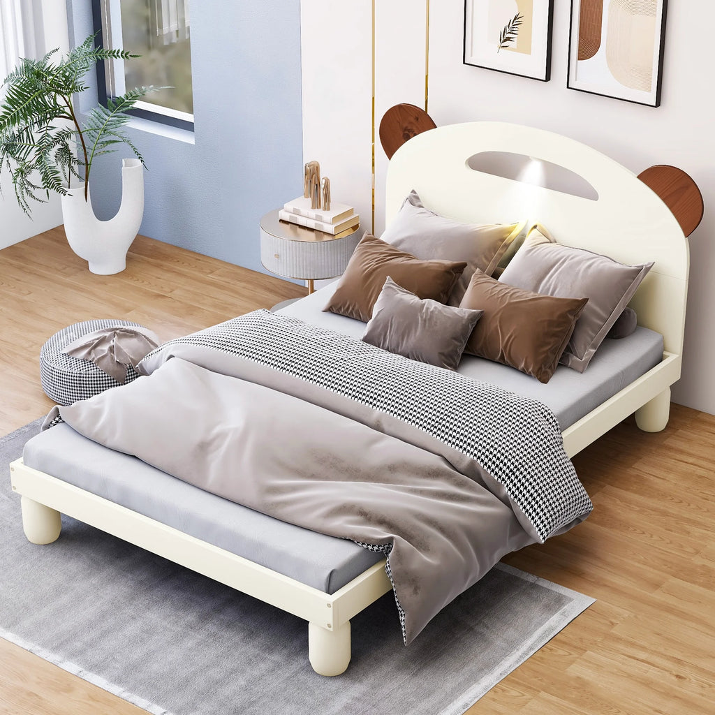 Twin Size Upholstered Bed Frame with Bear Ears Headboard and LED B994095