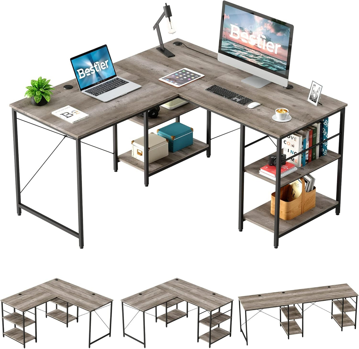 L Shaped Gaming Desk with Shelves 95.2 Inch Reversible Corner Computer Desk C276