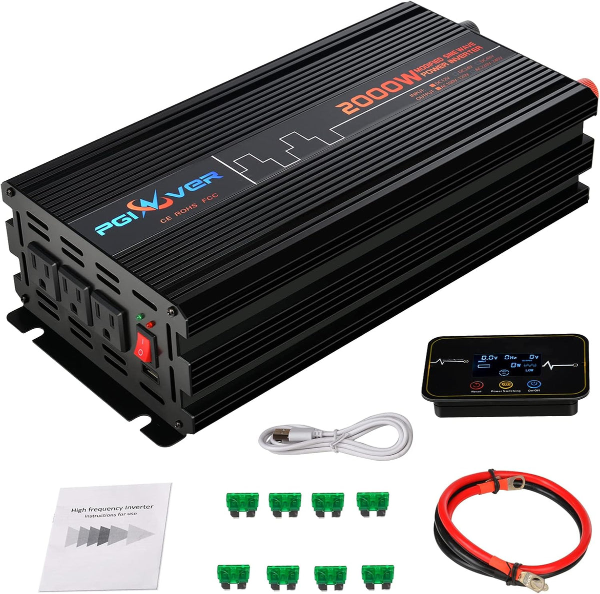 2000W Power Inverter DC 12V to AC 110V with Triple AC Outlets 1 USB Port L6462