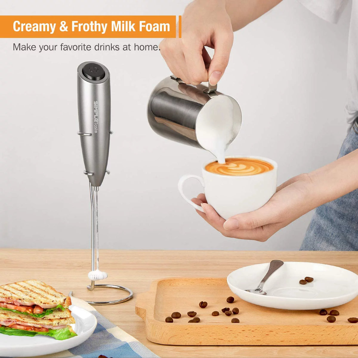 Handheld Battery Operated Milk Frother with Stainless Steel Whisk and Stand Y593225