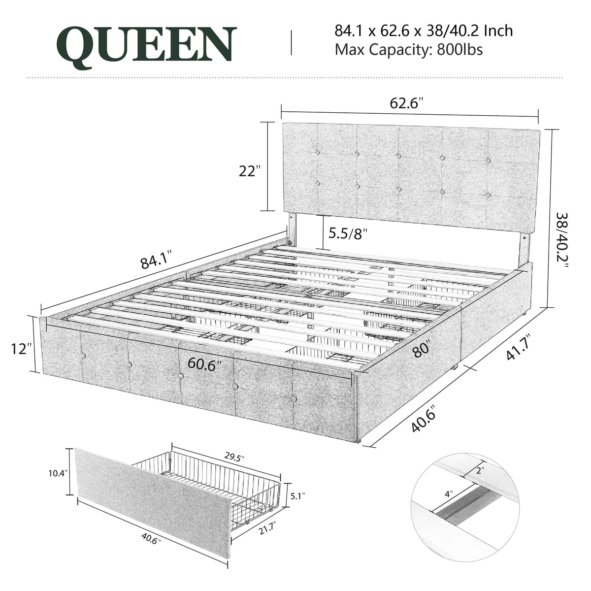Queen Size Platform Bed Frame with Headboard and 4 Storage Drawers, Dark Grey D638