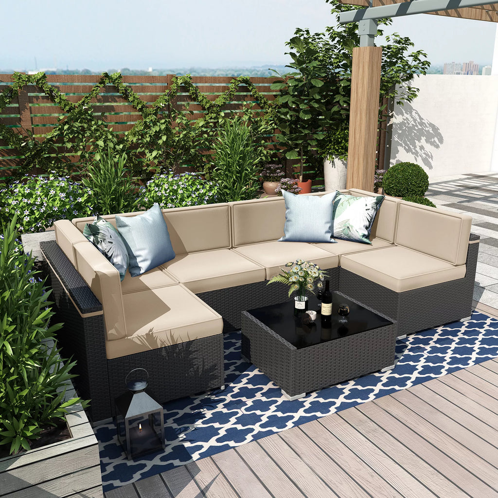 7 Piece Wicker Rattan Patio Furniture Set with Cushion and Glass Table O5350