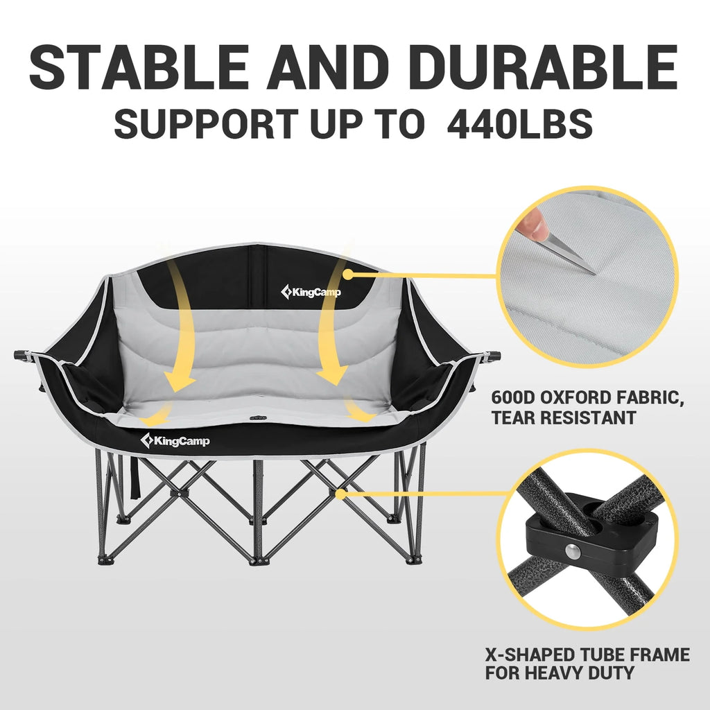 Kingcamp Loveseat Camping Chair for Adult Double Camping Chair Folding Chair for Two People Heavy Duty Support Up to 440 lbs（Black） O2502