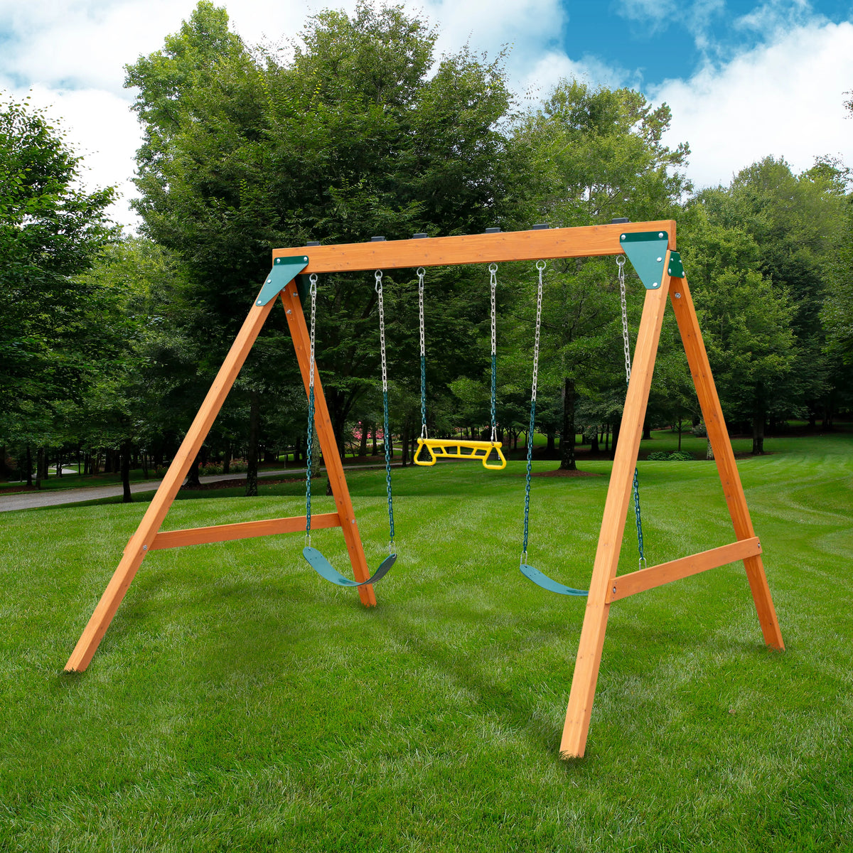 Wooden Swing Set with Two Swings and a Trapeze Y6600