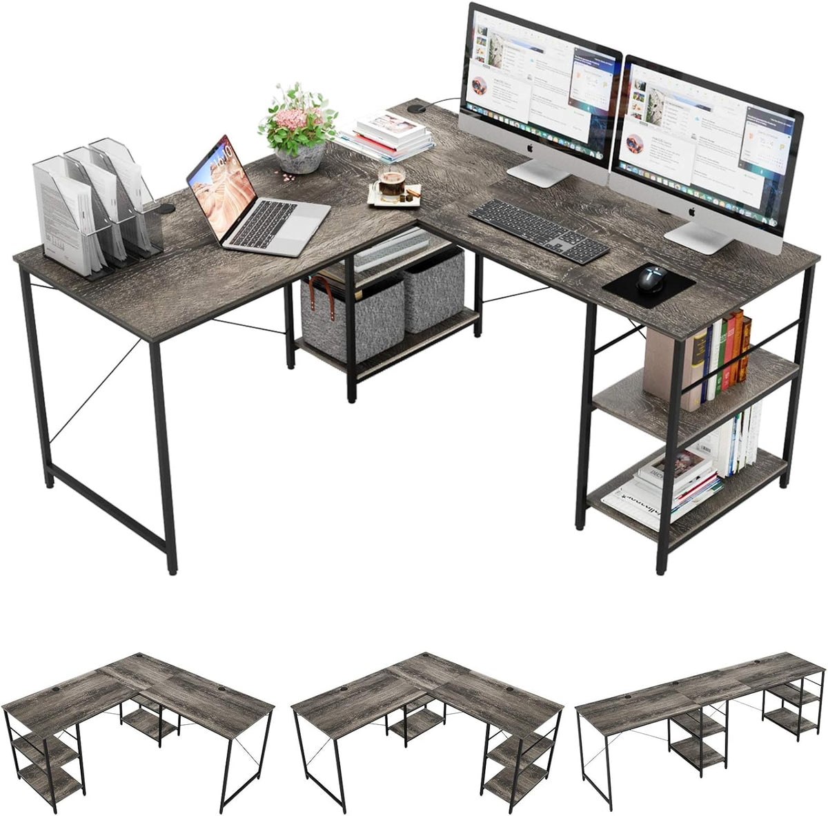 L Shaped Gaming Desk with Shelves 95.2 Inch Reversible Corner Computer Desk C276