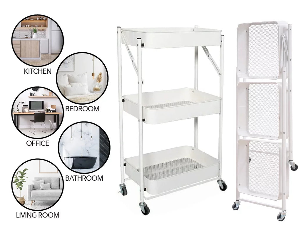 3 Tier Rolling Metal Utility Cart with Wheels, White M14853