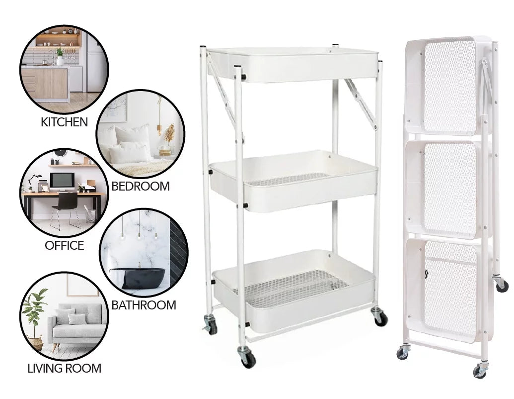 3 Tier Rolling Metal Utility Cart with Wheels, White M14853