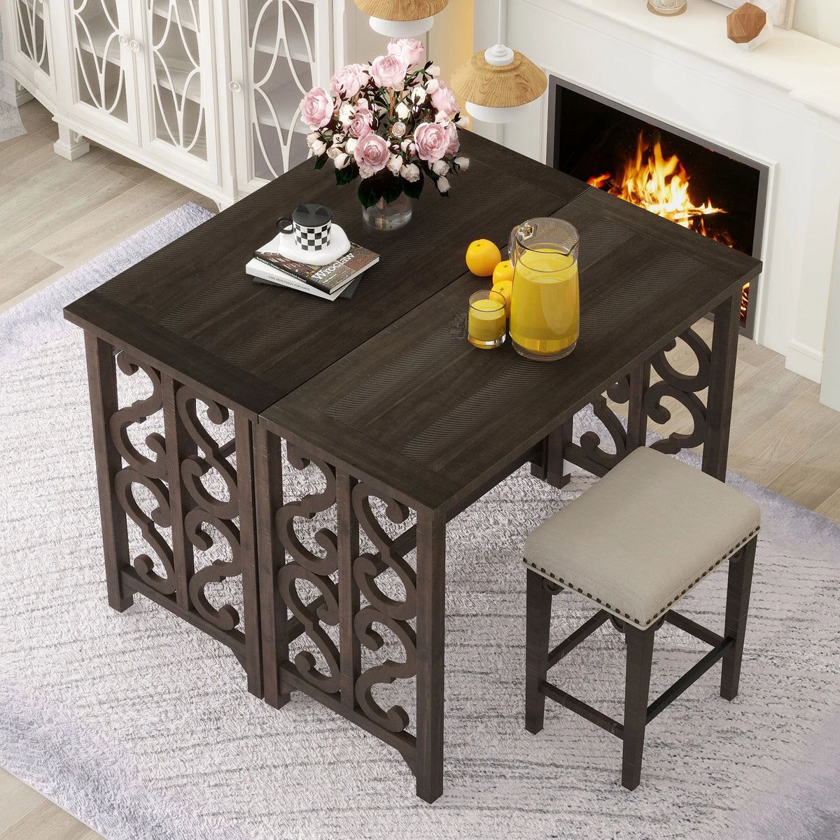 3-Piece Solid Wood Counter Height Dining Set with 2 Saddle Stools Q3491
