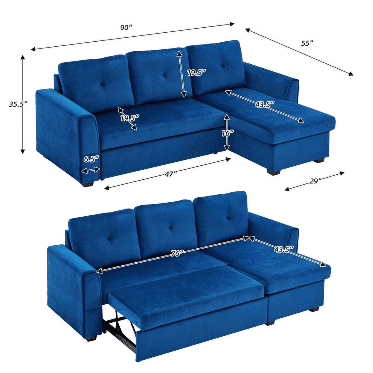 Blue Flannel L-Shaped Sleeper Sofa with Storage Ottoman K1052