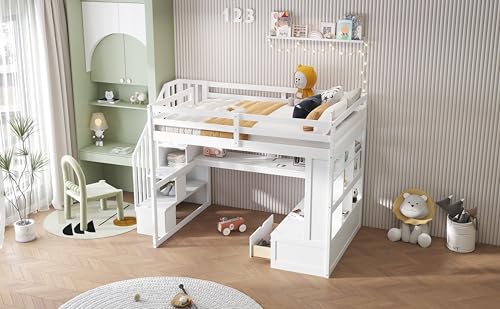 White Full Size Loft Bed with L-Shaped Desk, Wardrobe and Storage Shelves R737547
