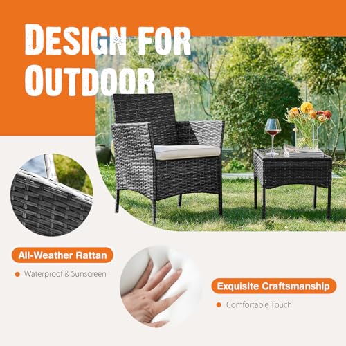 3 Pieces Wicker Rattan Patio Furniture Set with Cushion and Glass Table N54277