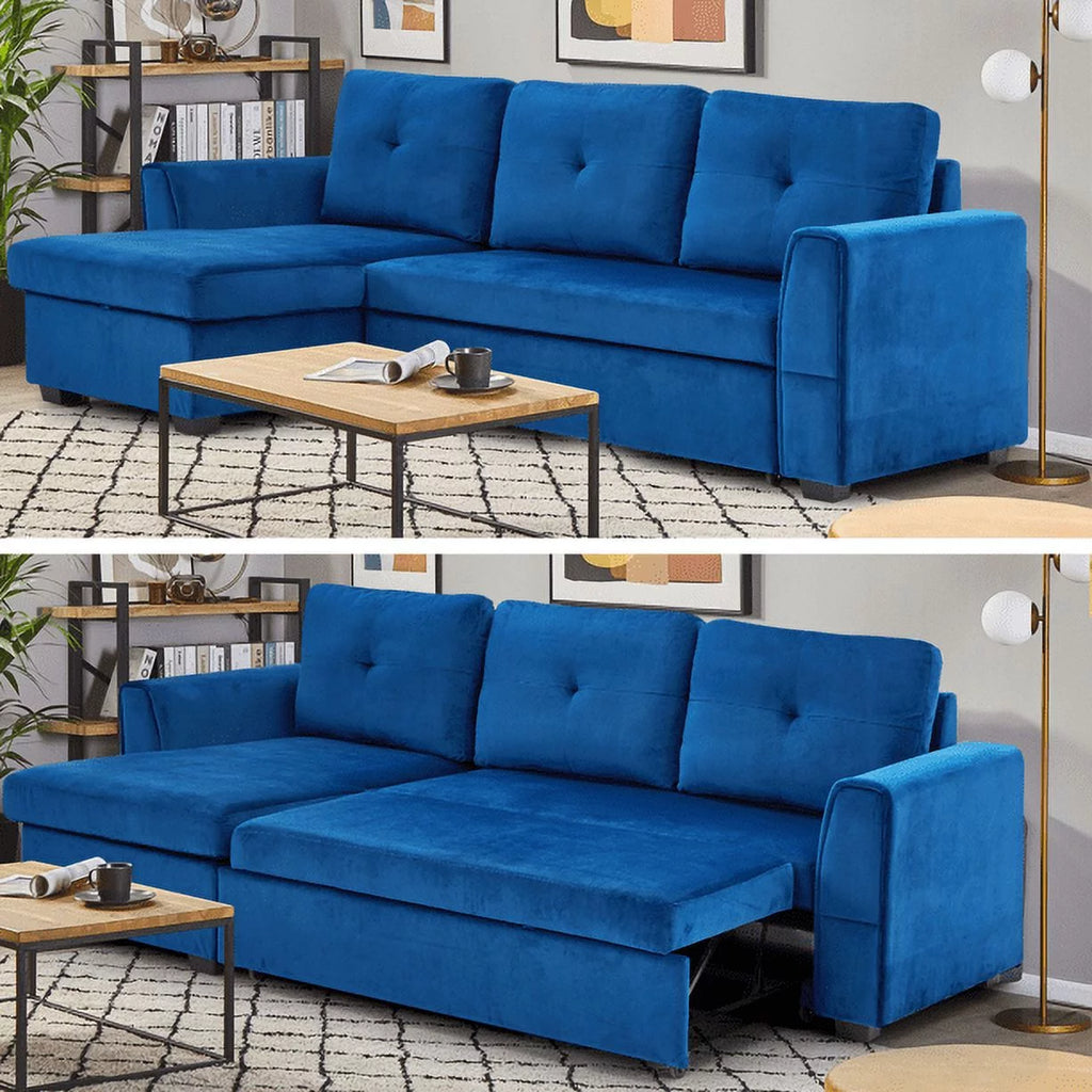 Blue Flannel L-Shaped Sleeper Sofa with Storage Ottoman K1052
