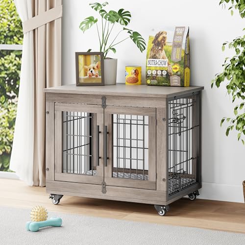 Wooden Dog Crate Furniture with Cushion and Wheels W81872