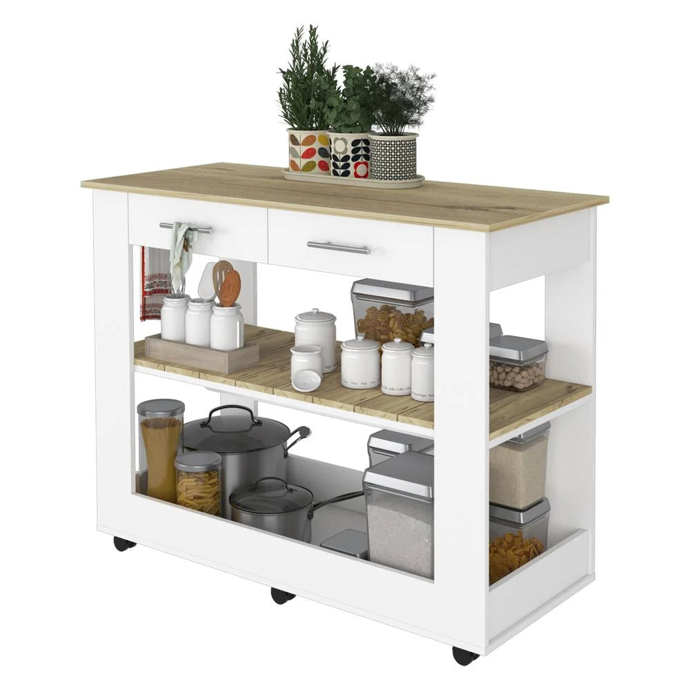 White Engineered Wood Kitchen Island with Two Drawers Y433