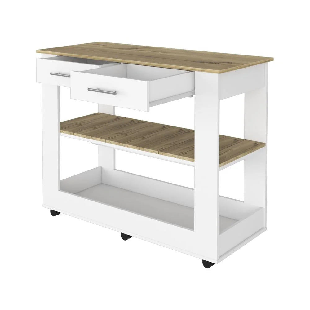 White Engineered Wood Kitchen Island with Two Drawers Y433