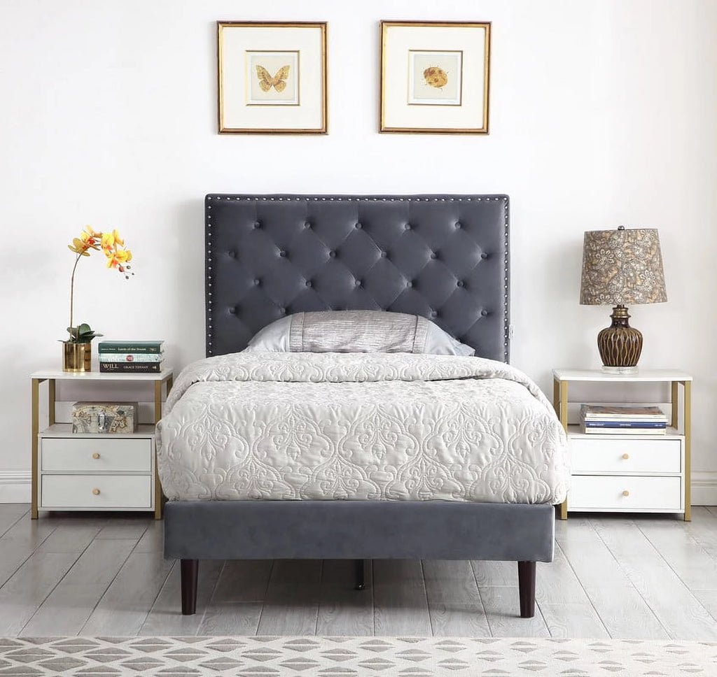 Gray Twin Upholstered Platform Bed Frame with Adjustable Headboard E606