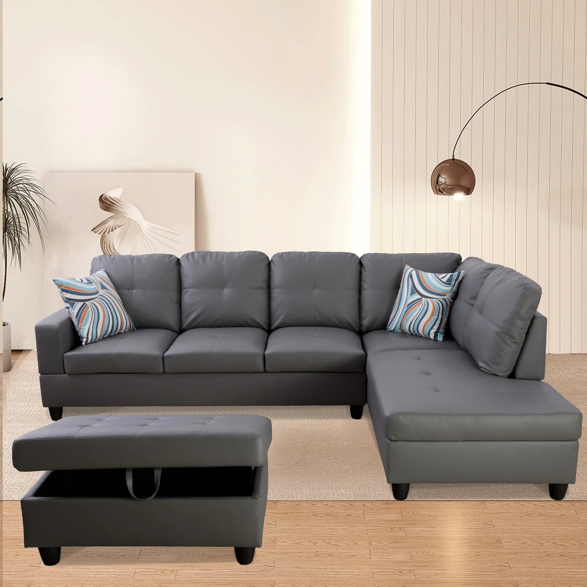 L-Shaped 3-Piece Sectional Sofa Couch, Dark Grey S2716