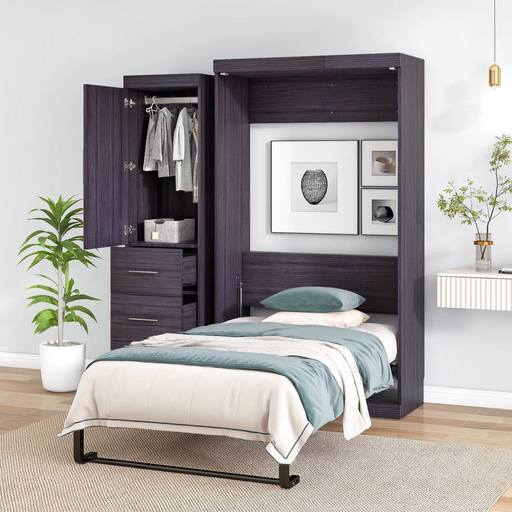 Twin Size Murphy Bed with Wardrobe and Drawers Y542315