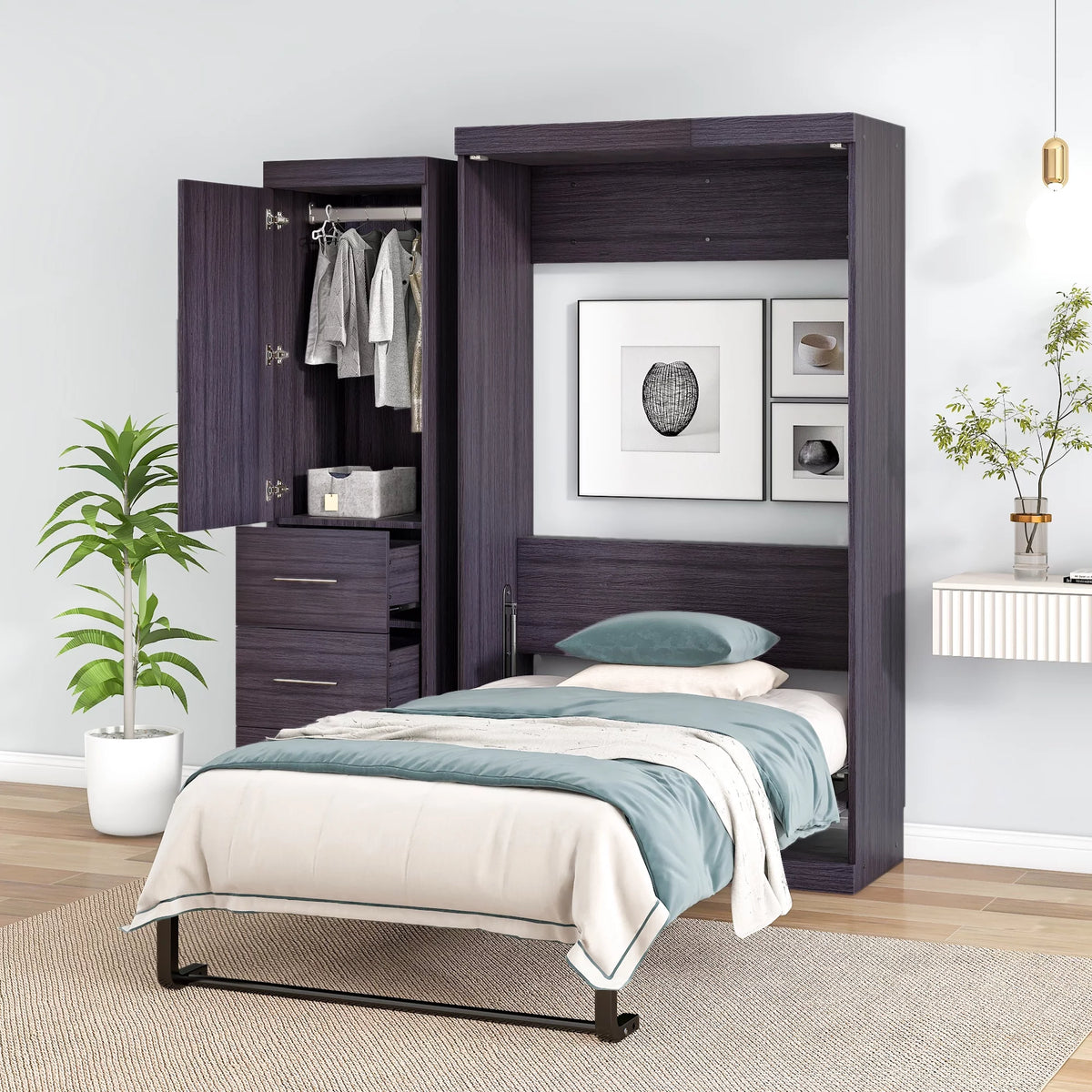 Twin Size Murphy Bed with Wardrobe and Drawers Y542315