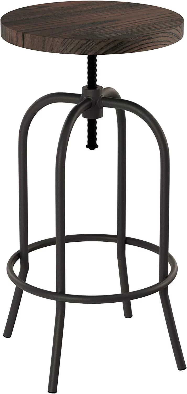 Swivel Adjustable Backless Bar or Counter Height Metal Stool with Elm Wood Seat J2864