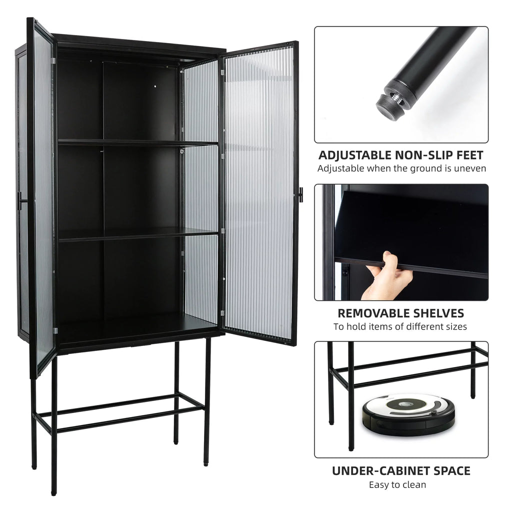 Black Fluted Glass High Cabinet with Dual Doors T23608