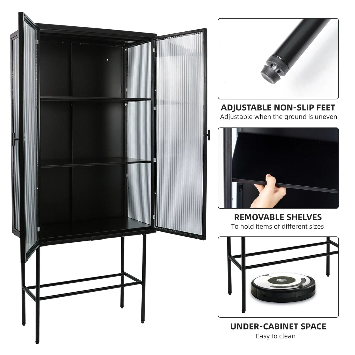 Black Fluted Glass High Cabinet with Dual Doors T23608