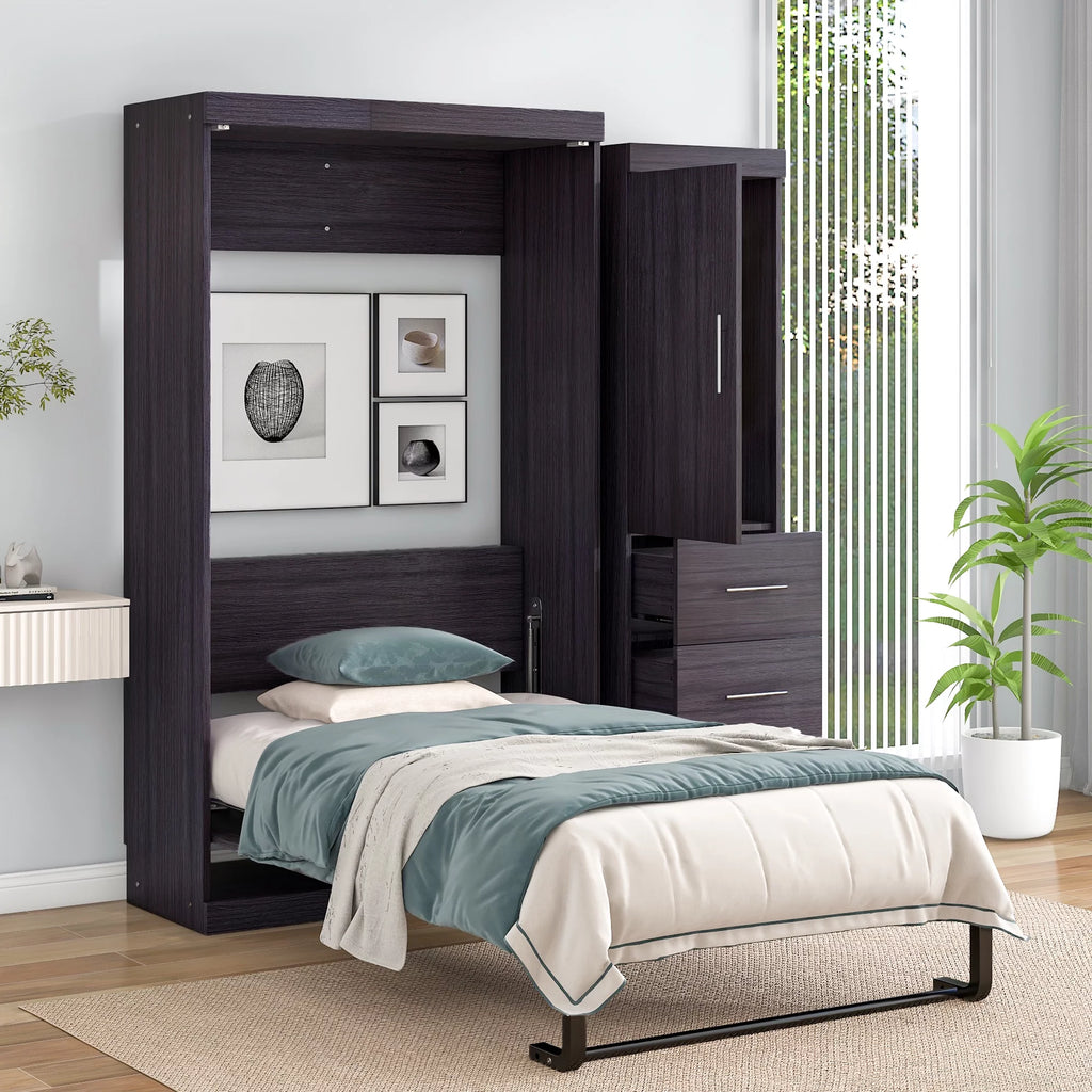 Twin Size Murphy Bed with Wardrobe and Drawers Y542315