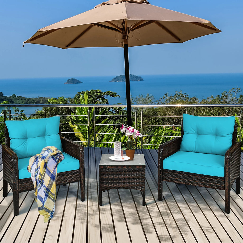 3 Pcs Outdoor Rattan Conversation Set Cushioned Sofa Chair Turquoise C125