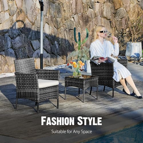 3 Pieces Wicker Rattan Patio Furniture Set with Cushion and Glass Table N54277