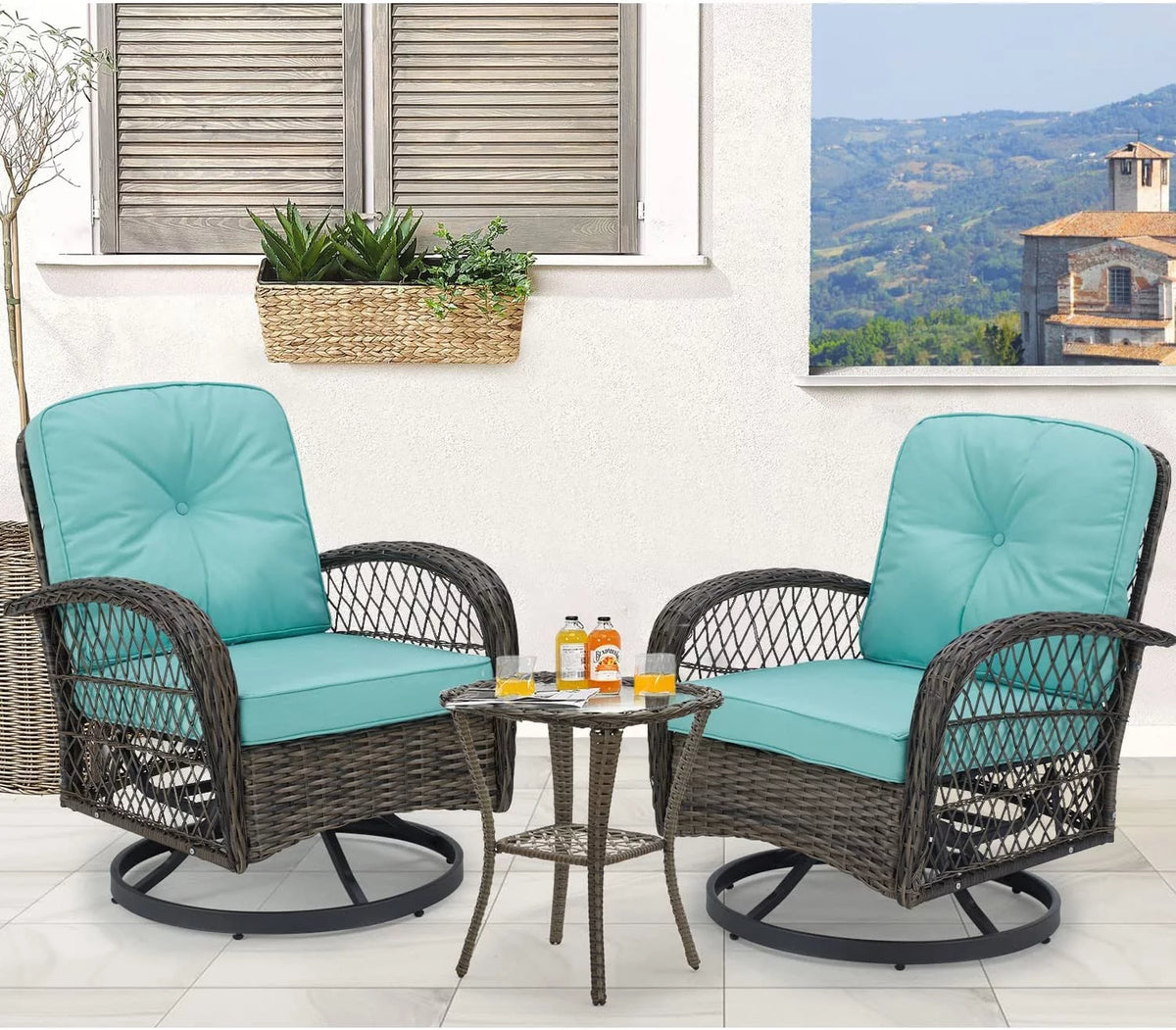 Outdoor Swivel Glider Wicker Patio Bistro Set with Cushions and Glass Table R2035