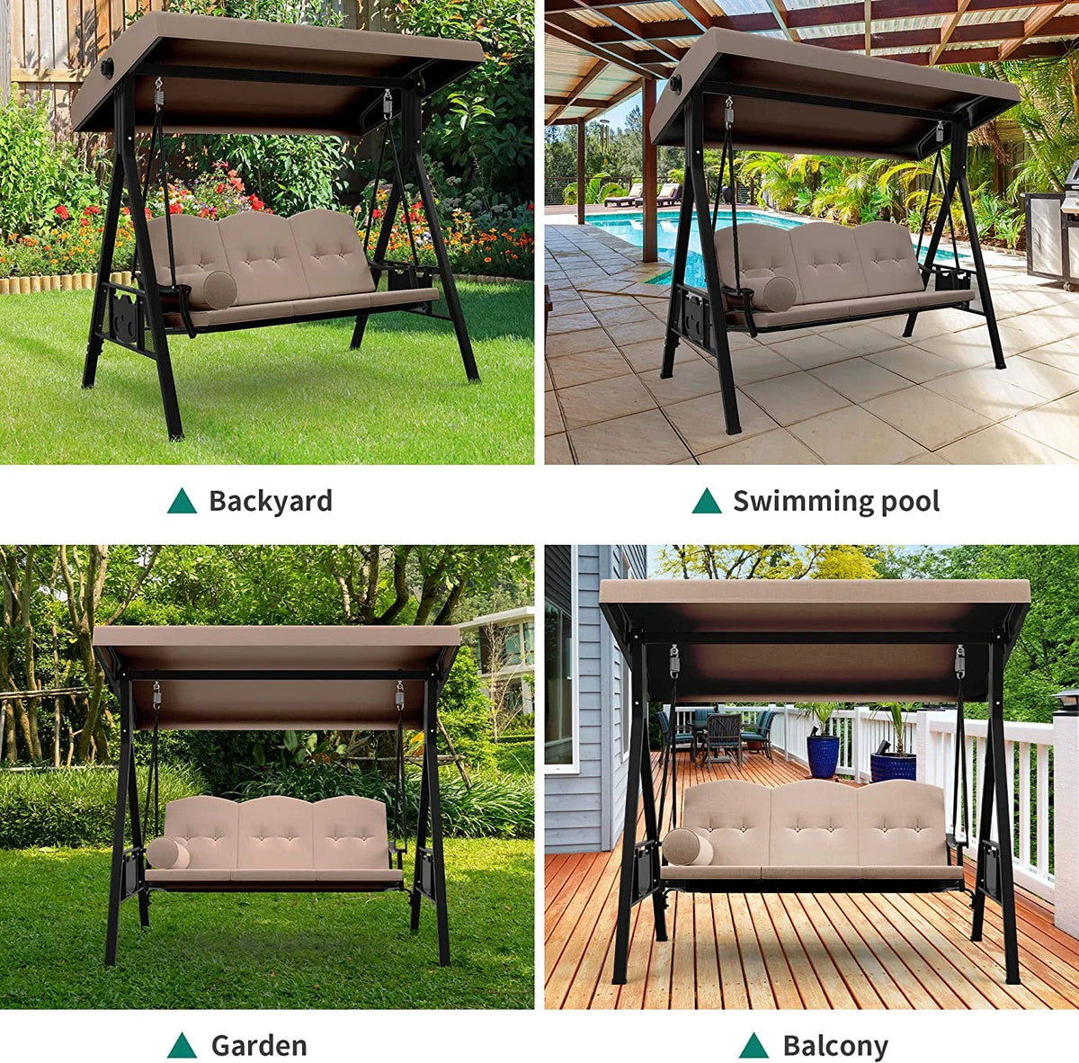 3 Person Outdoor Patio Swing Chair with Adjustable Canopy and Cushion R175