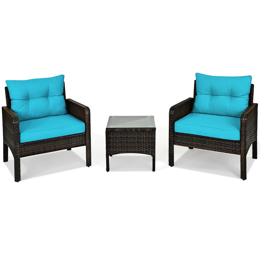 3 Pcs Outdoor Rattan Conversation Set Cushioned Sofa Chair Turquoise C125