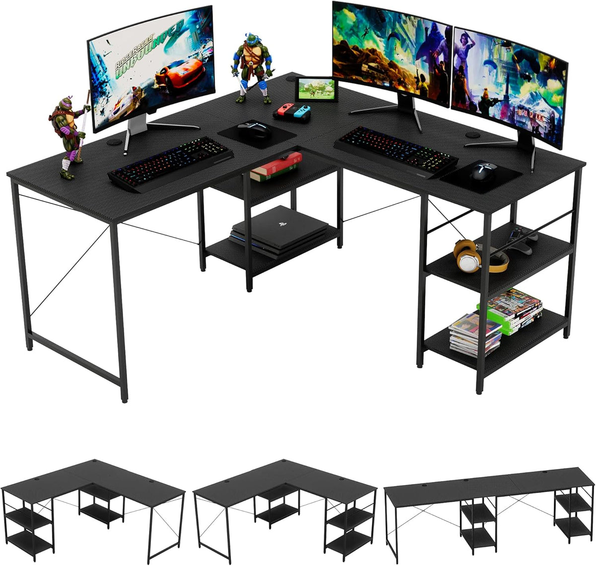 L Shaped Gaming Desk with Shelves 95.2 Inch Reversible Corner Computer Desk C276