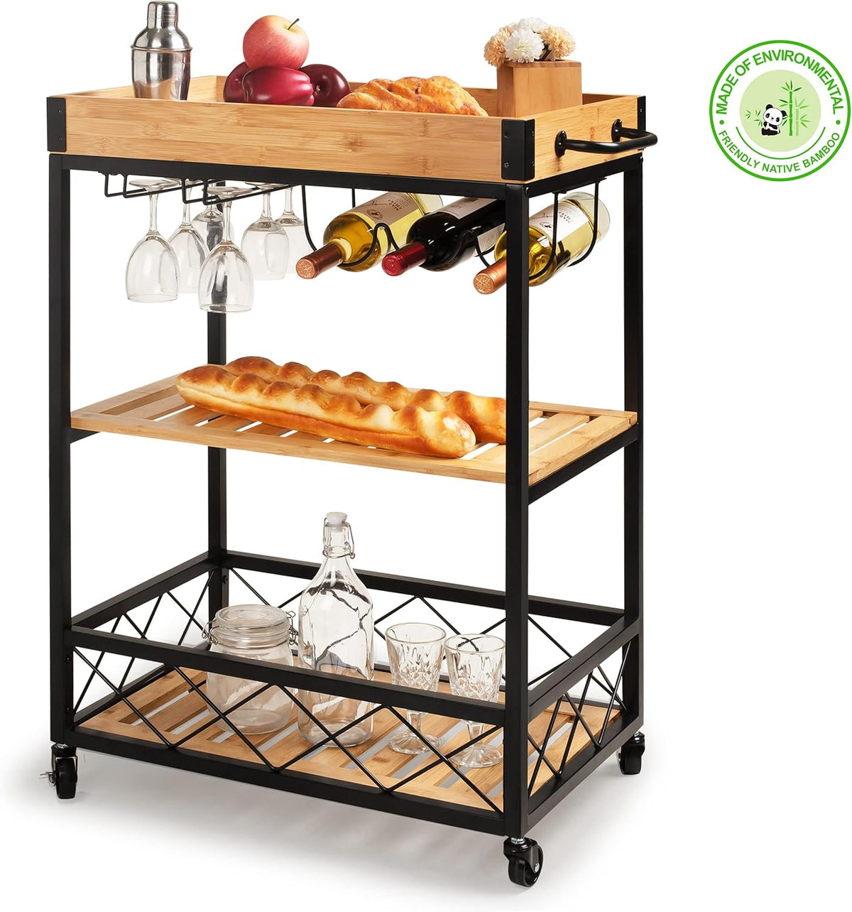 Bamboo Kitchen Cart with Mesh Shelves X581
