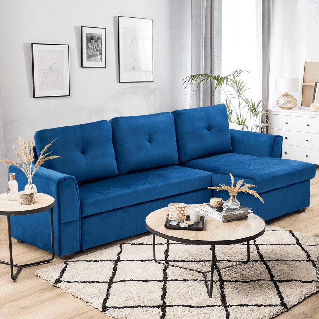 Blue Flannel L-Shaped Sleeper Sofa with Storage Ottoman K1052