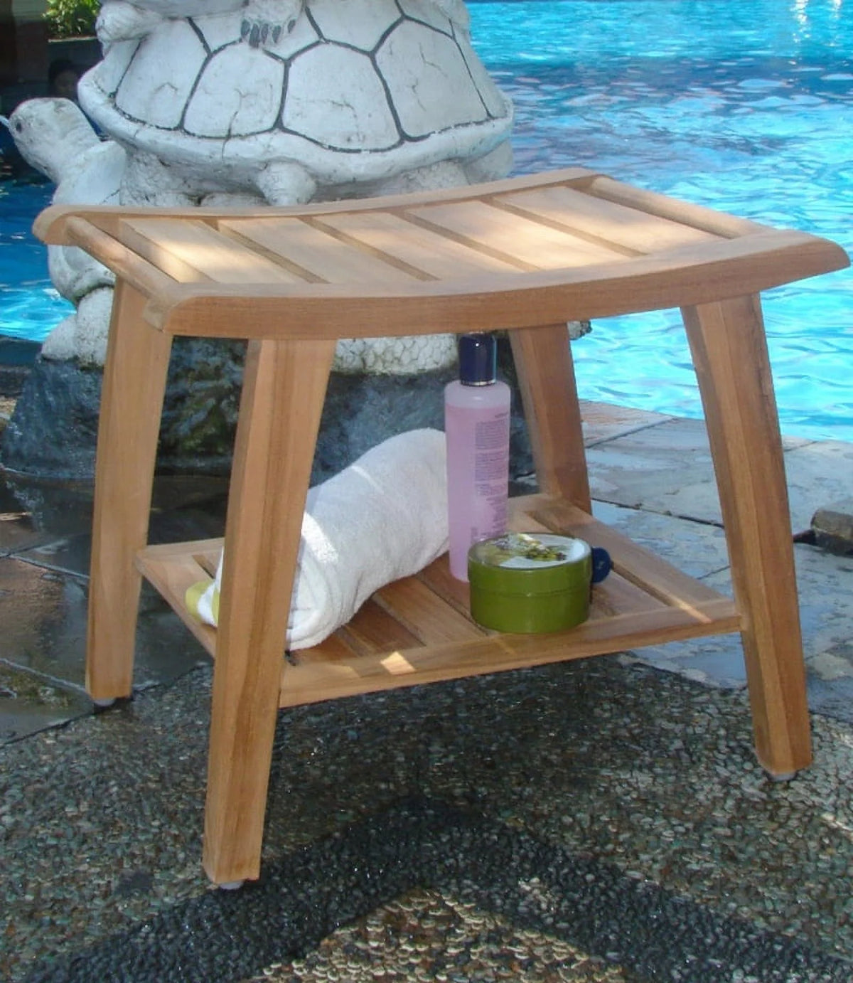 All Teak Wood Shower Bathroom Pool Bench Stool with Shelf L756439