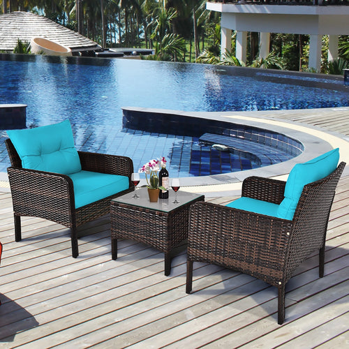 3 Pcs Outdoor Rattan Conversation Set Cushioned Sofa Chair Turquoise C125
