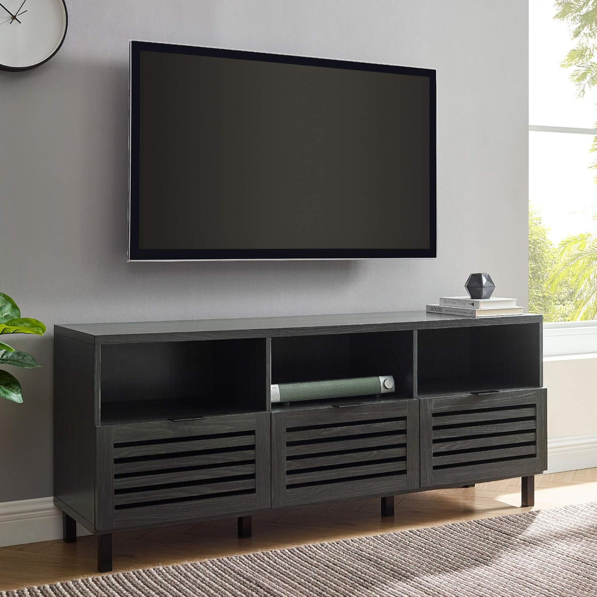 Modern Wood TV Stand with Slat Doors, 58 Inch, Dark Walnut P225807