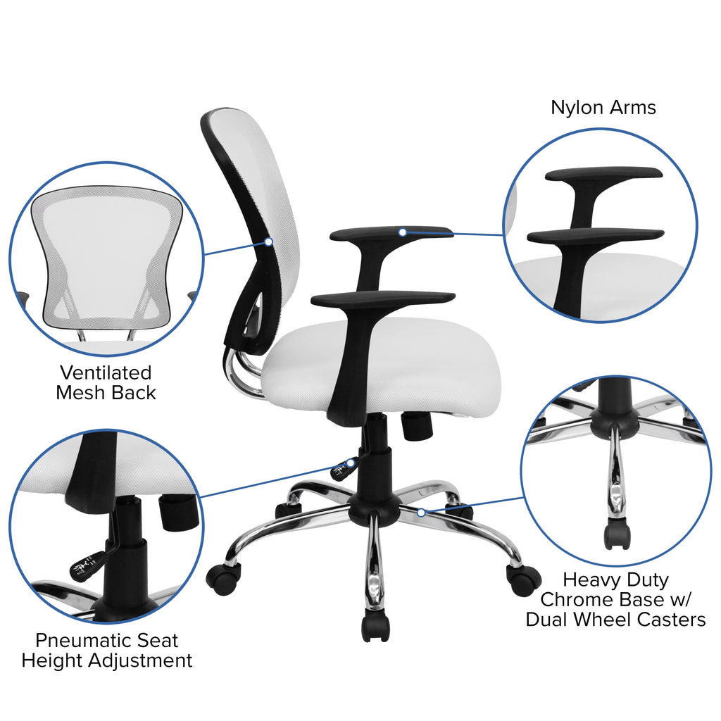 White Mesh Swivel Task Office Chair with Chrome Base and Arms D912819