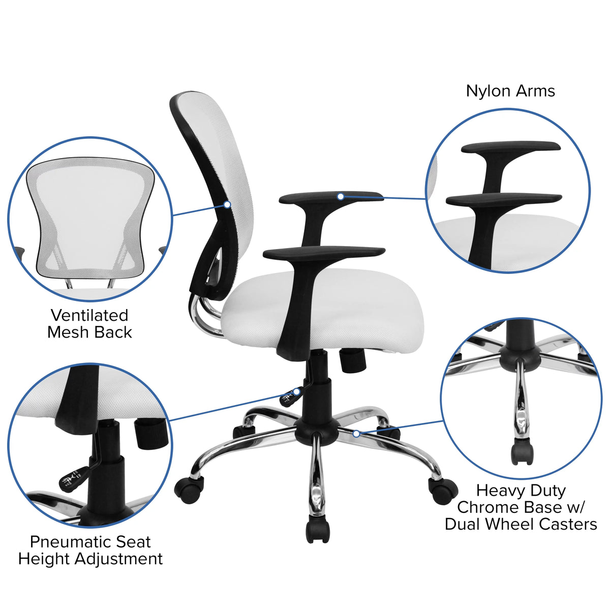 White Mesh Swivel Task Office Chair with Chrome Base and Arms D912819