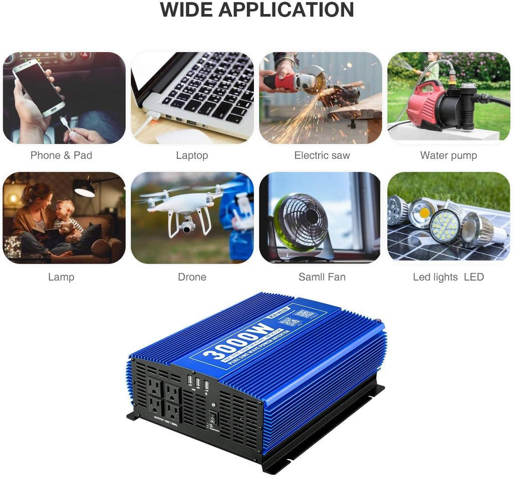 3000W Pure Sine Wave Power Inverter 12V DC to 110V AC with 4 AC Outlets 2 USB Ports P297745