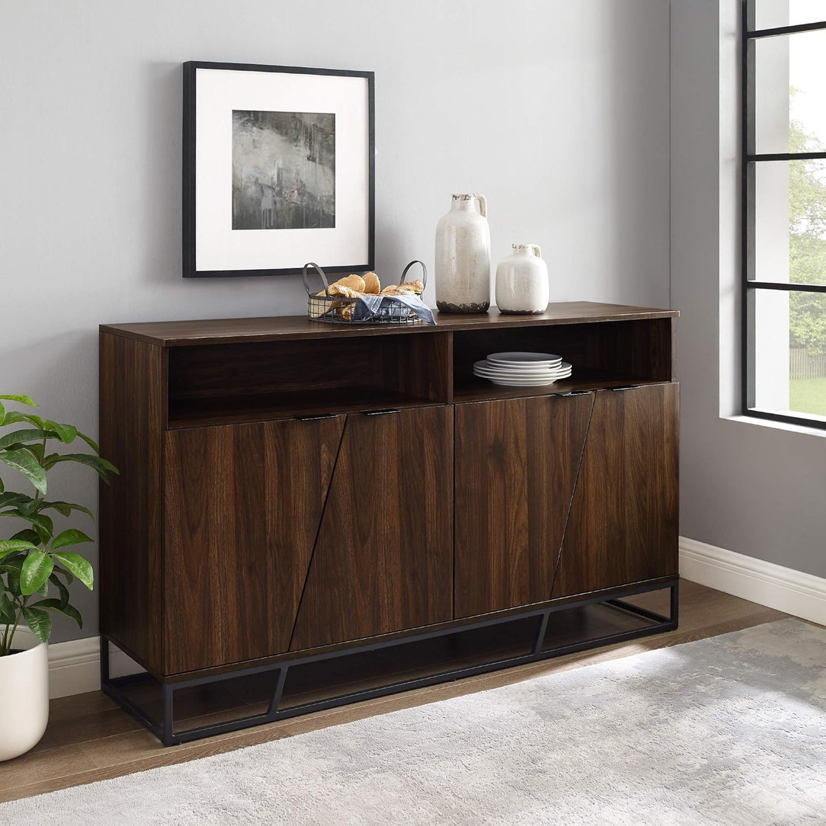 Dark Walnut Sideboard with Open Shelf Storage U8323