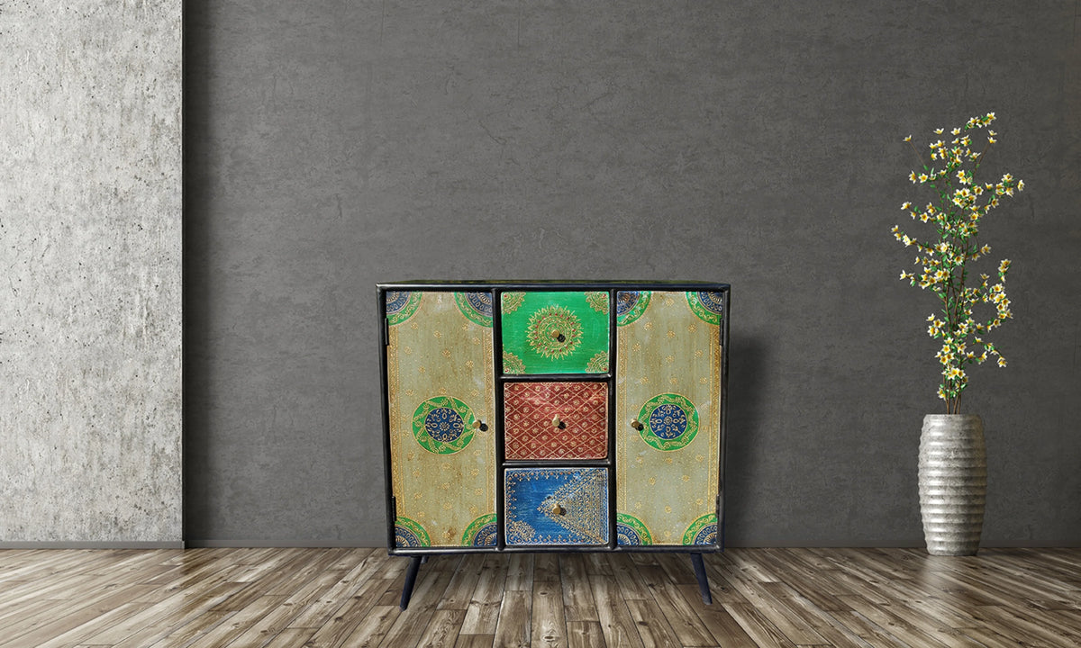 Recycled Mango Wood Cabinet with 3 Drawers and 2 Doors Q244