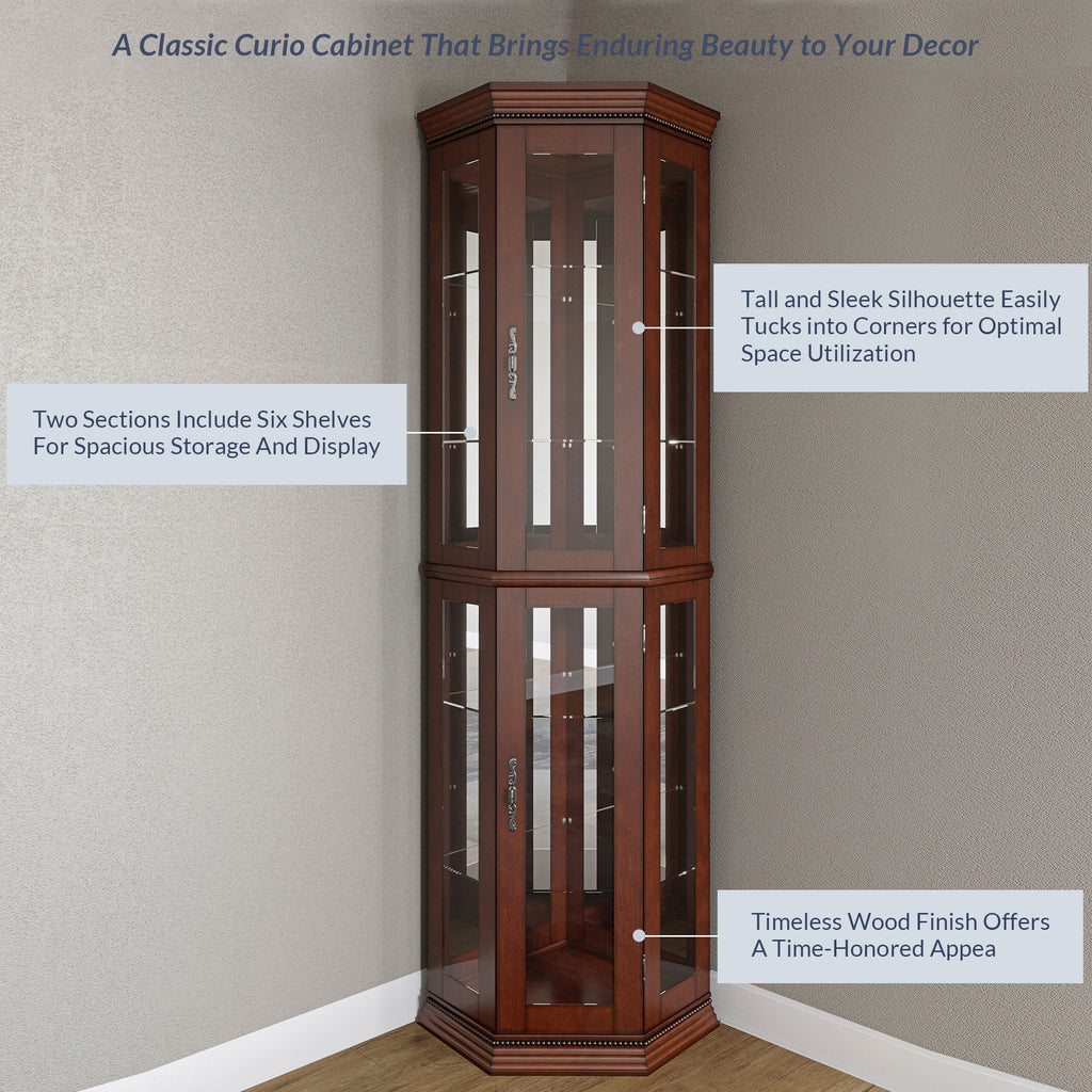 Walnut 5 Sided Lighted Corner Curio Cabinet B431912