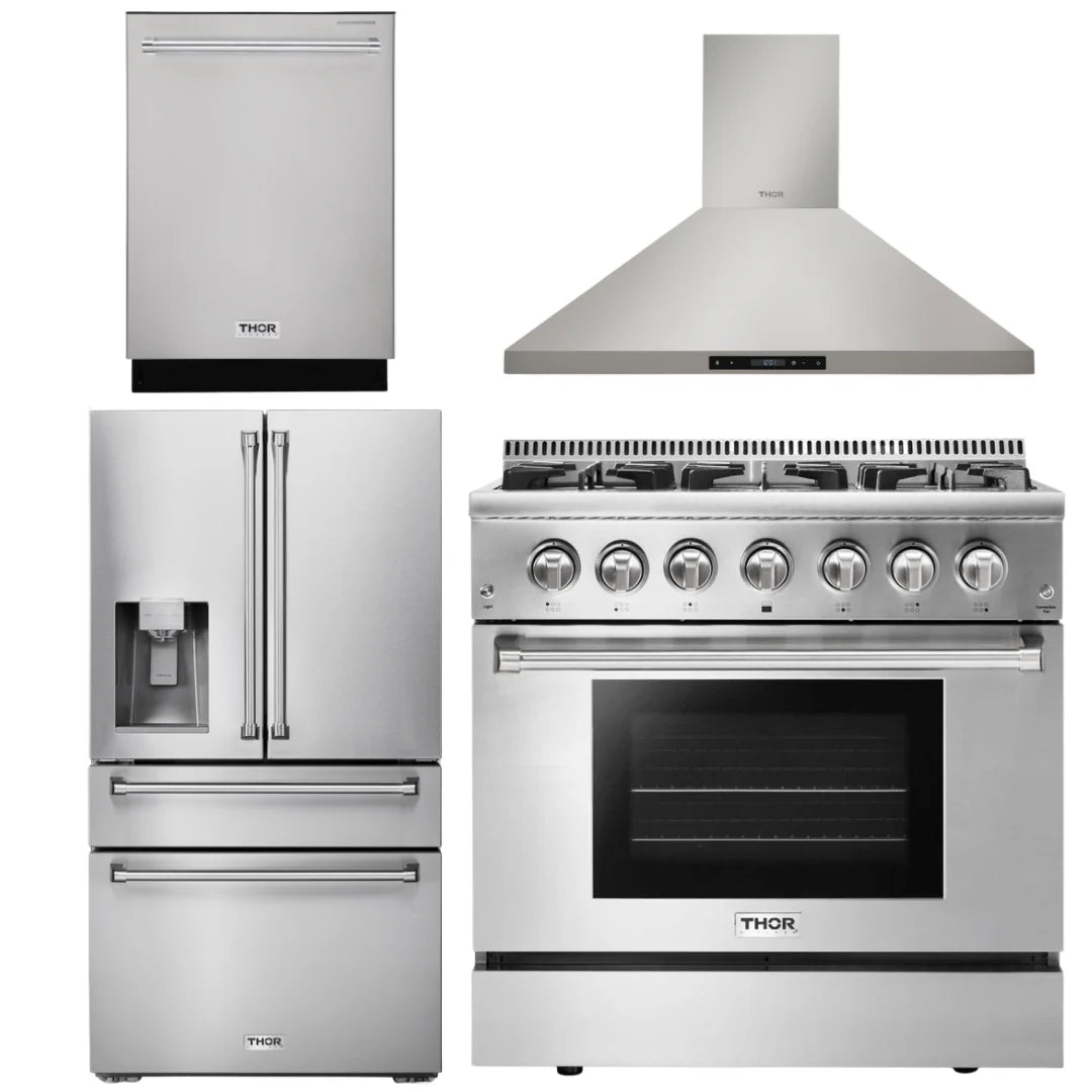 36 In. Gas Range, Range Hood, Dishwasher, Refrigerator with Water and Ice Dispenser D712