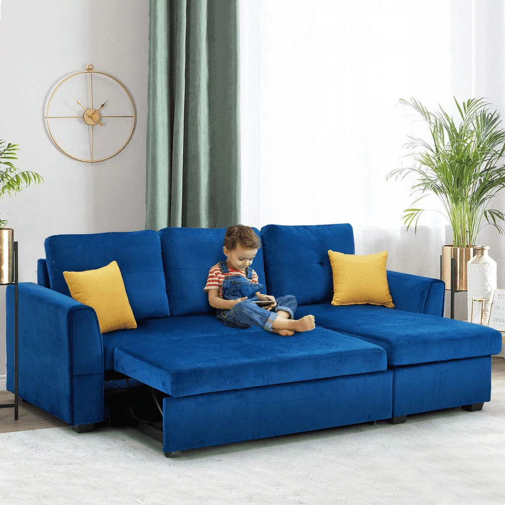 Blue Flannel L-Shaped Sleeper Sofa with Storage Ottoman K1052