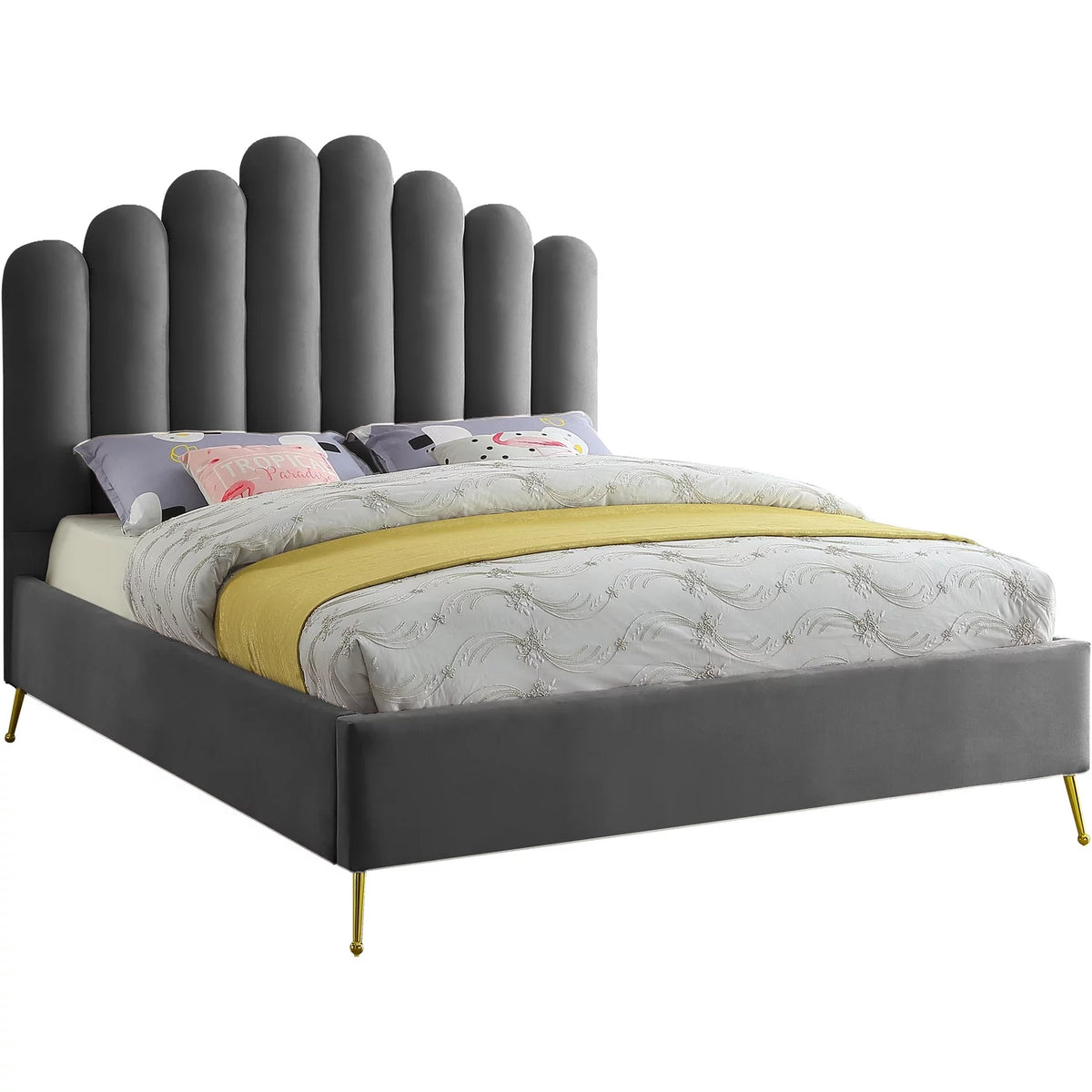 Velvet Upholstered Platform Bed with Gold Steel Legs X99748